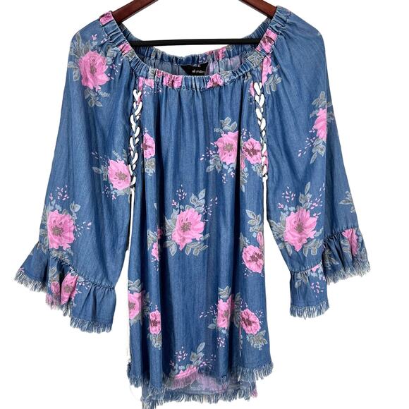 Ali Miles Sz Medium Denim Chambray Blue Floral Wearable Art Beach Shirt Top - Picture 1 of 7